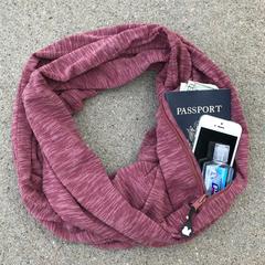 Holiday Helpers showing an infinity scarf with a pocket for your keys small wallet and necessities.